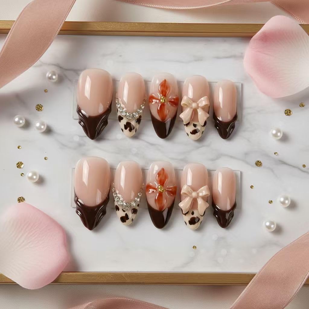 MikaJayboo Handmade Medium Press on Nails Almond Brown French Tip Fake Nails with Leopard Print 3D Bow & Flower for Women Glue 0n Nails for Daily & Party 10Pcs(M)