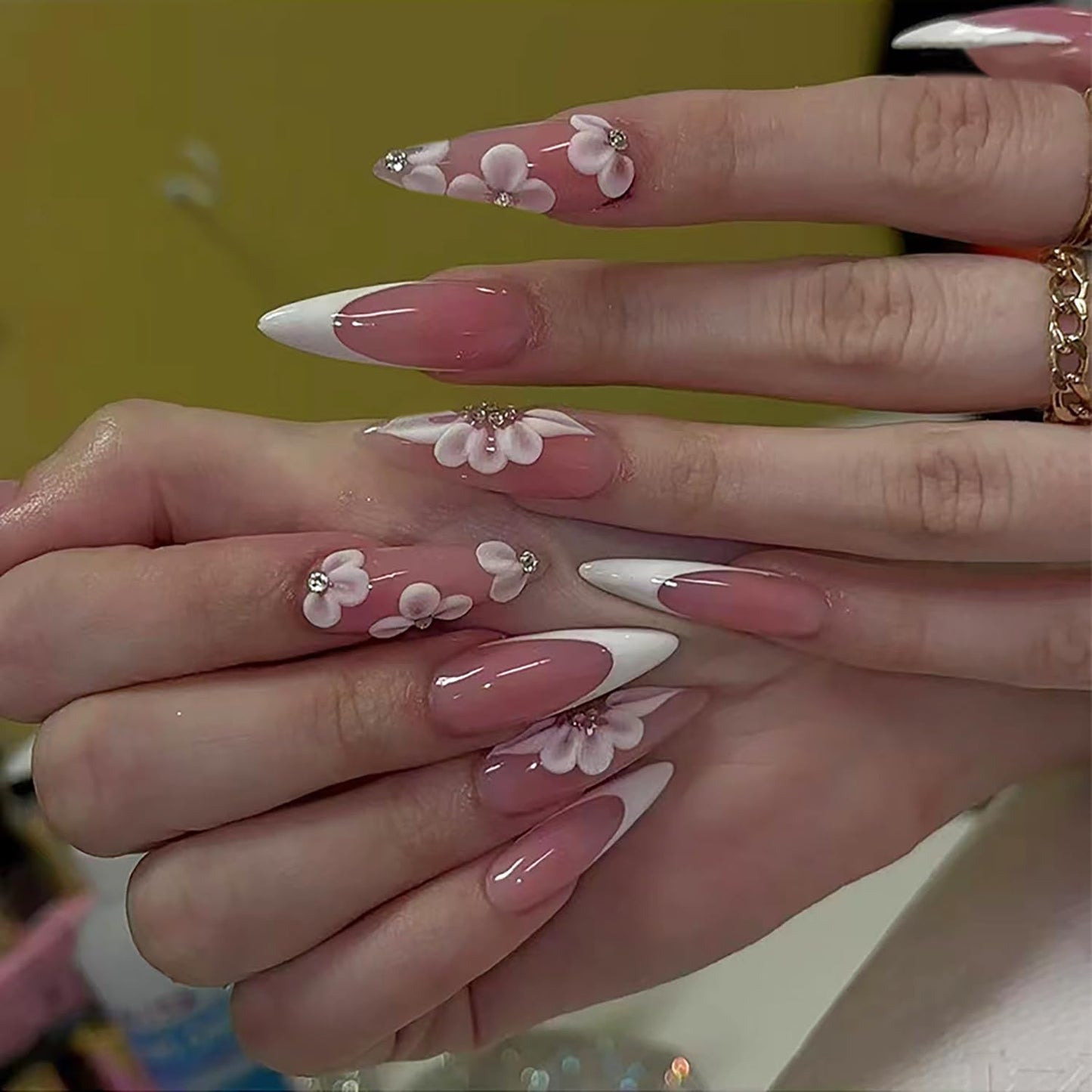 White French Tip Press on Nails - Medium Almond Flower with Rhinestones Design Full Cover Coffin Acrylic Artificial Floral Stick on DIY Glue on Nails for Women - 24 Pcs