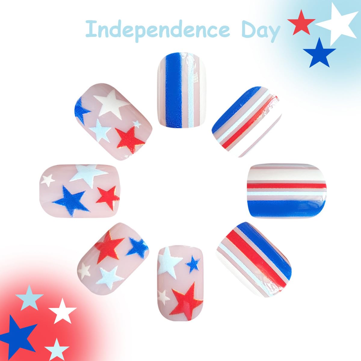 4th of July Press on Nails Short Square Fake Nails Patriotic Nails Press ons with Red Blue Stars & Stripes Design,Reusable Artificial Nails,24Pcs Nail Kit for Women Independence Day Manicure