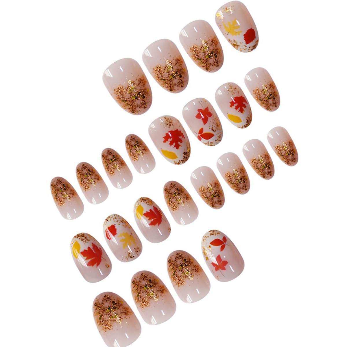 24Pcs Fall Maple Leaf Press on Nails Short Oval Almond Fake Nails with Gold Glitter Designs Thanksgiving Maple Leaves False Nails Full Cover Glossy Nude Acrylic Glue on Nail for Women Autumn Nails DIY