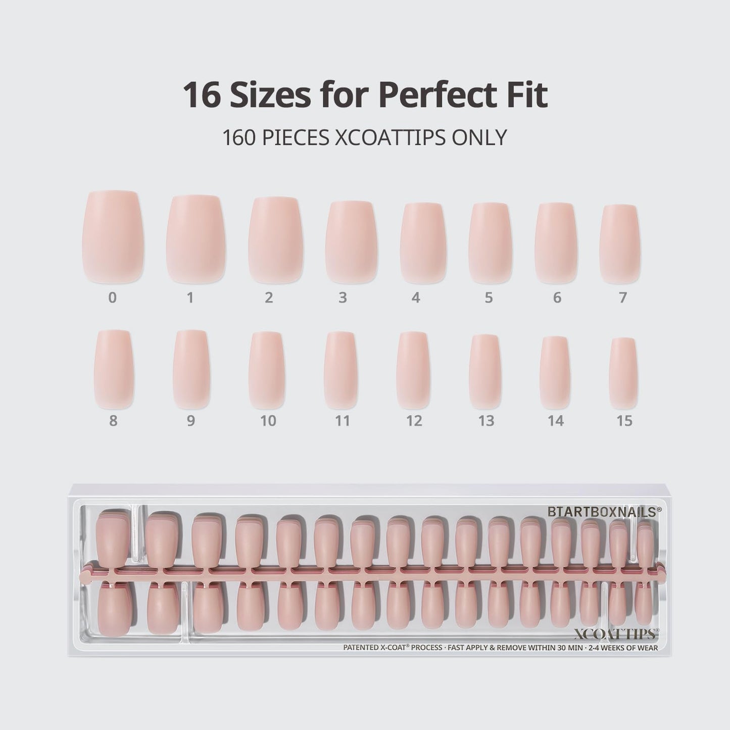 BTArtboxnails XCOATTIPS Bare 5-Shades Nude Press on Nails - 4-Week Wear Short Coffin Press on Nails, Easy to Apply, Soak Off, Salon Quality Value at Home, 16 Sizes - 160 Fake Nails
