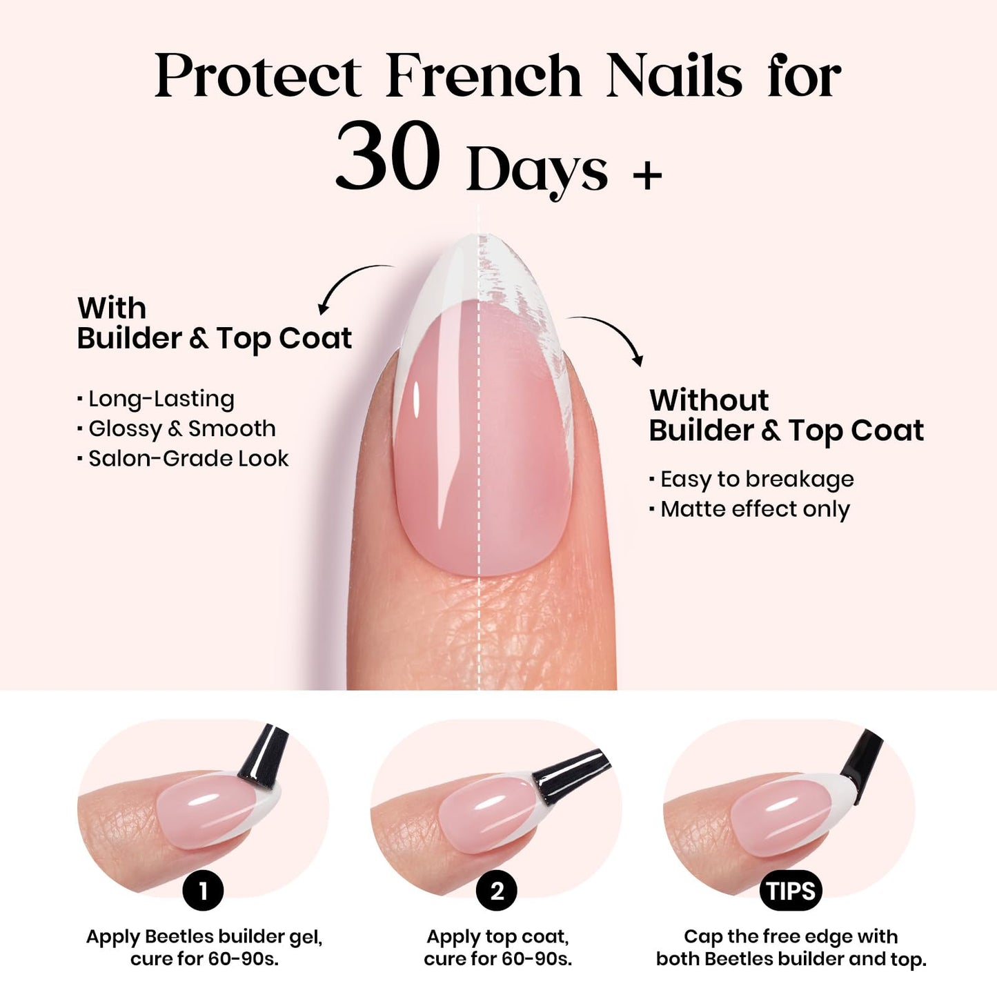 Beetles X Press Plus French Tip Nails | Petal French | Pink Ultra-Short Almond French Tip Press On Nails-210 Pcs 16 Sizes Natural Salon Quality Nail Tips