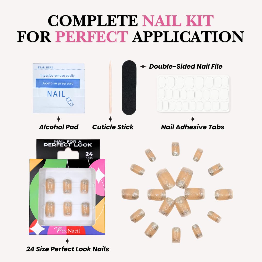 PerfectLook Press On Nails - Sparkle | No Glue One-Day Short Square Fake Nails, Nude Nails with Silver Glitter Tips - 24 Pcs Nail Kit with Adhesive Tabs