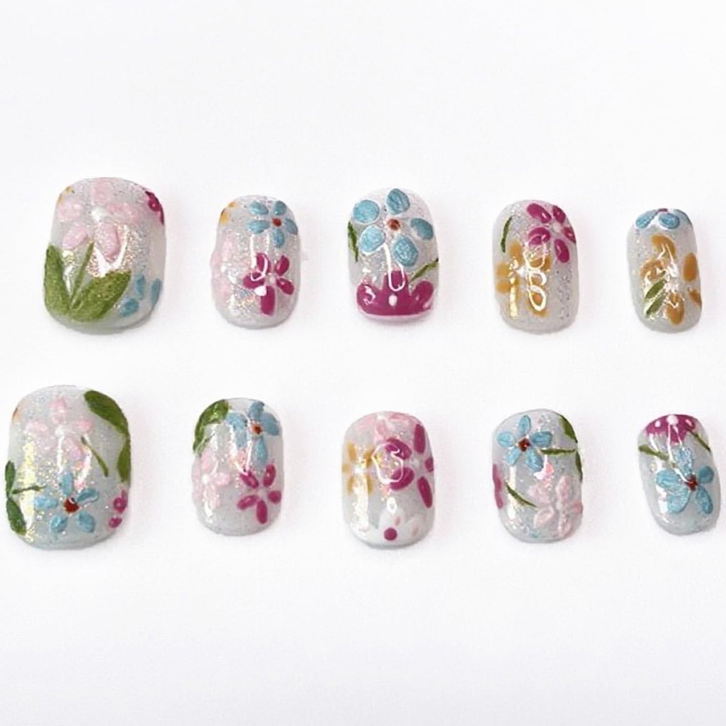 Handmade Press on Nails Short Square Fake Nails Press Ons Luxury Cute Flower Full Cover Stick on Nails Glitter Glue Nails for Women Girls Manicure (Oil Painting M)