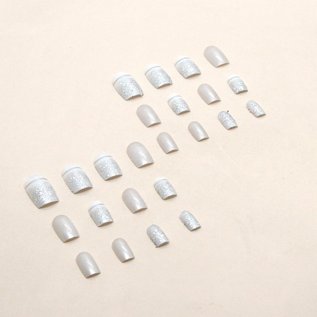 Silver Press On Nails - Square Medium Glitter Chrome False Nails with Designs, Full Cover Glossy Acrylic Glue on Nails, 24Pcs