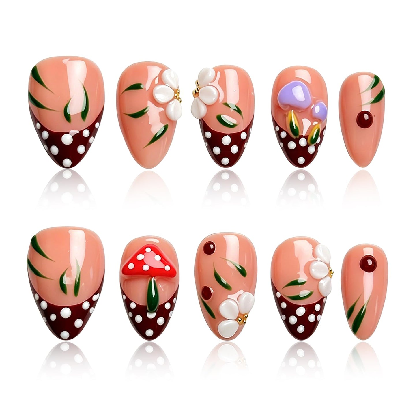 Vanpaga Red Handmade Press on Nails, Red Polka Dot Nail Tips with Mushroom& Floral Design, Almond Shape Acrylic Nails Kit, Reusable Professional Nail Art for Women & Girls(M)