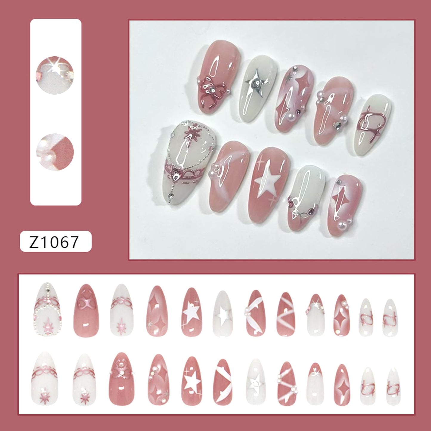 24Pcs French Tip Press on Nails Medium Almond Fake Nails Sparkling Diamond Pearl Star Bow Design French Nails Reusable Fake Nails for Wedding Party Cute Stick on Nails for Women Daily Wear