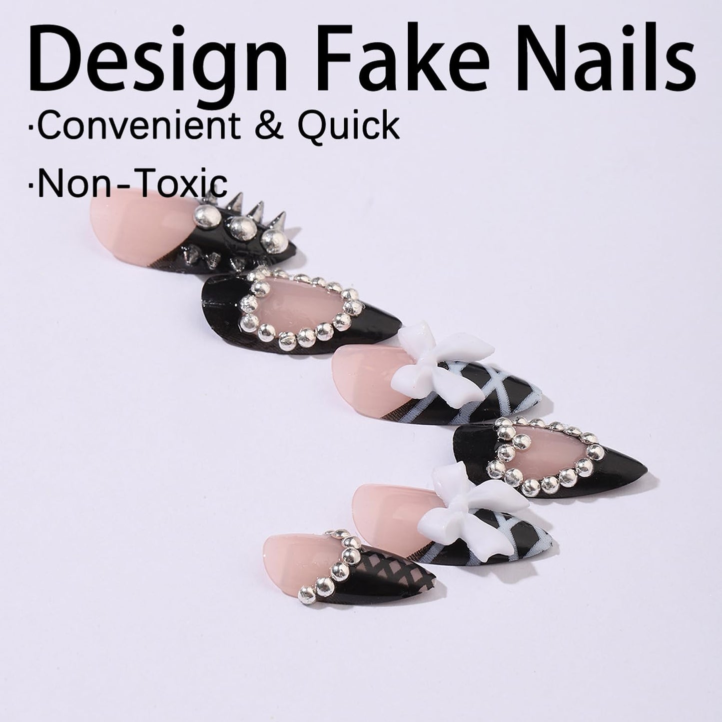 French Tip Press on Nails with Charms Fake Nails Heart with Studs Pearls Designs French Nails Press on Almond Shape Acrylic Nails Rhinestones Nails Cute Bow Stick on Nails for Women Daily Wear