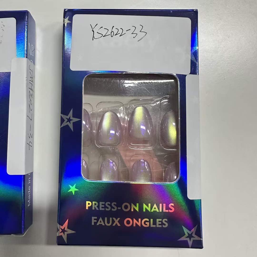 evpct Pink Purple Chrome Cat Eye Press on Nails Short Oval Round for Women, Holographic Pink Purple Auroa Stick on Nails Nail Salon-quality, Iridescent Soft Nail Perfectly Fit, Reusable Acrylic Fake
