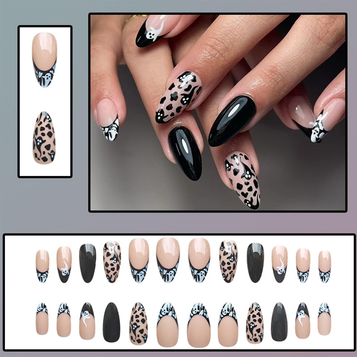 24Pcs Halloween Black Ghost Press on Nails Almond Medium Halloween Fake Nails with Design French Tip Glue on Nails Glossy Full Cover Artificial Nail Reusable Halloween Stick on Nail for Women Manicure