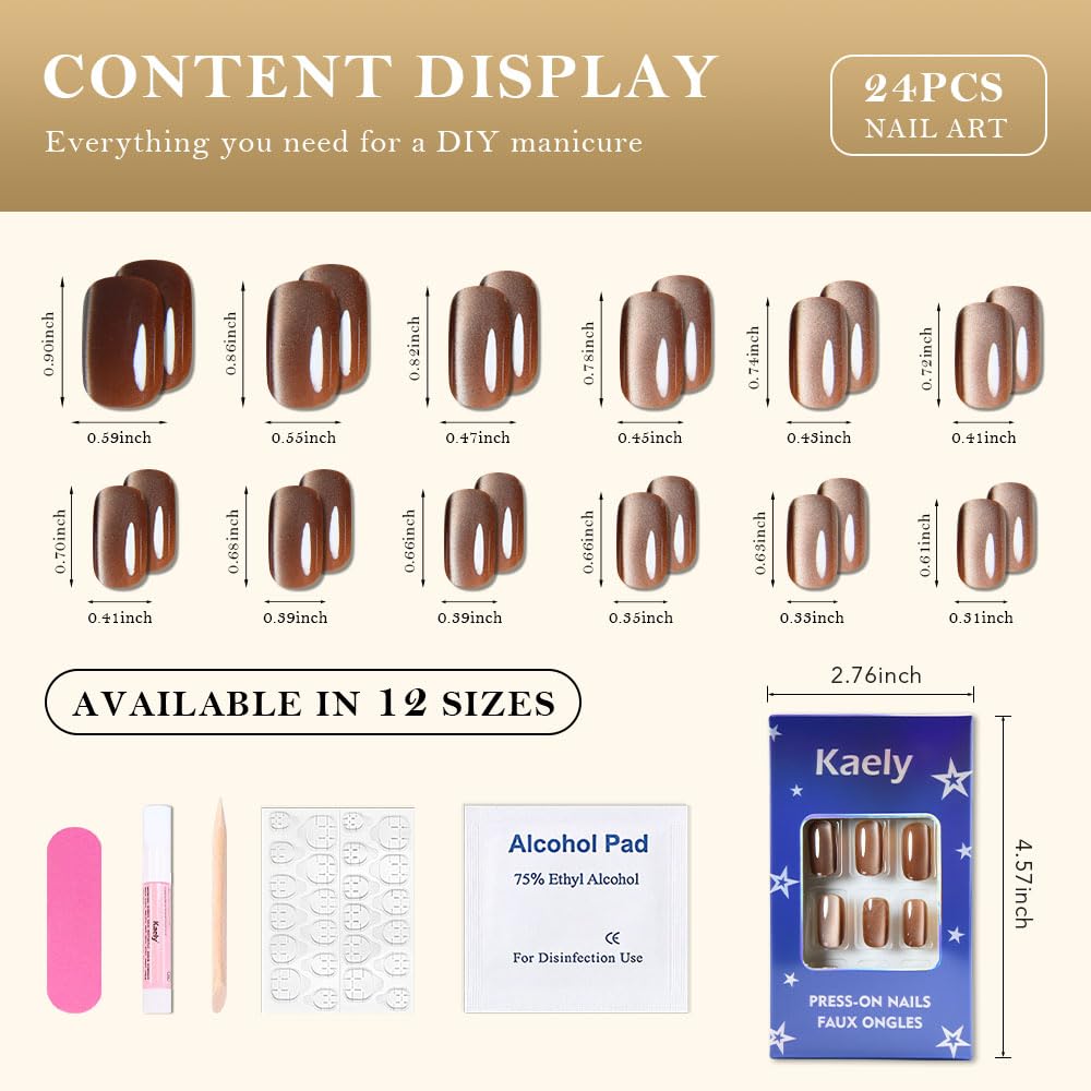 XZMeiLun Brown Press On Nails - Cat Eye Medium Square Magnetic Acrylic Fake Nails, Stylish Design, Salon-Quality Shiny Finish, Reusable Stick On Nails Kit for Women, Daily Wear (No Glue Included)