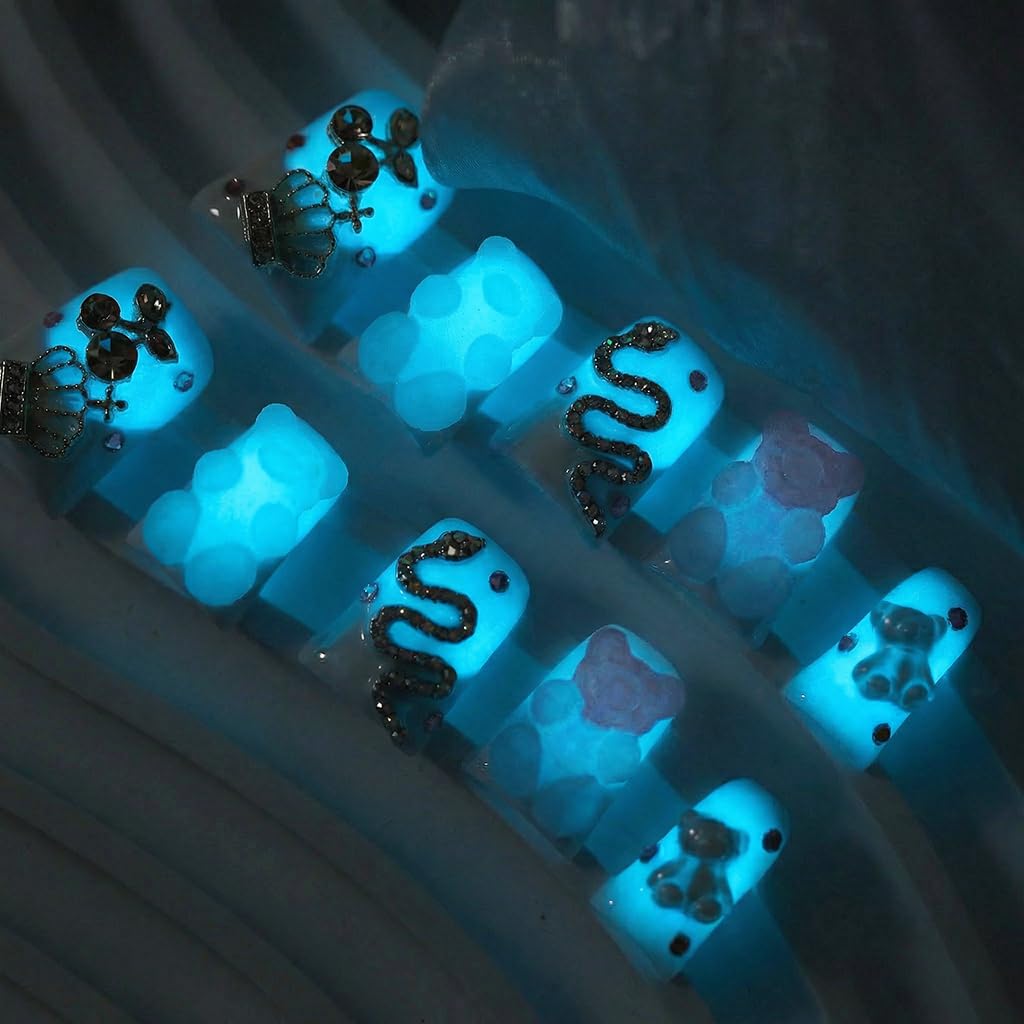 IntoVibes Handmade Short Duck Press On Nails, Glow-In-The-Dark Bear And Y2K, 10 Pieces Reusable Acrylic False Nails, Size Medium
