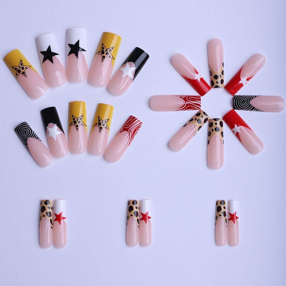 LINMEIZAI 24Pcs French Press on Nails Long Square Star Fake Nails Press ons Nail Tips, Leopard Stick on Nails Acrylic Nails Kit False Nails Swirl Tip Design Nail Art for Women Cheerful Manicure