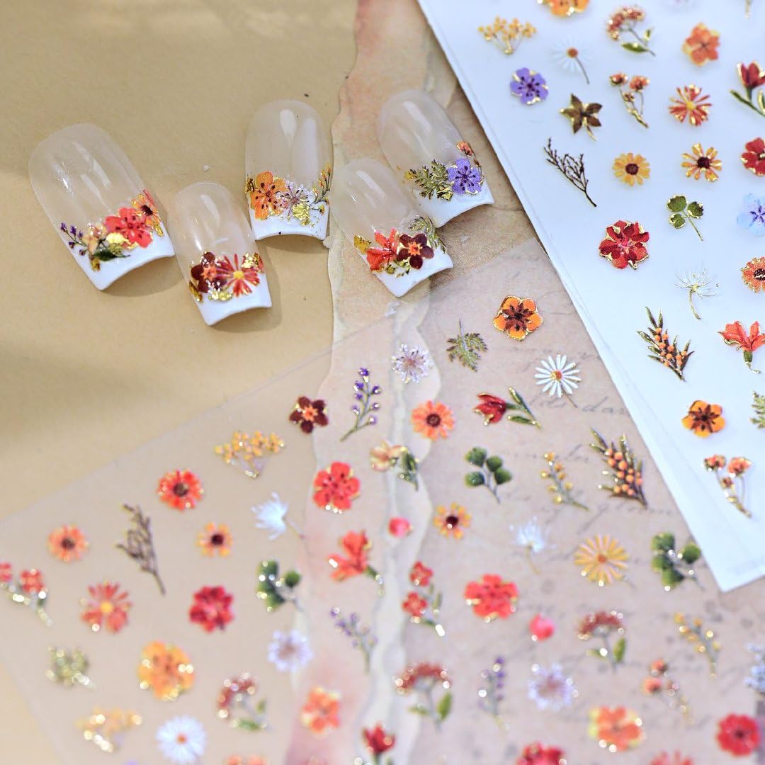 5D Embossed Flower Nail Art Stickers Decals Fall Nail Decals Self-Adhesive Autumn Floral Nail Supplies Nail Art Design for Women Girls Nail Decoration Accessories