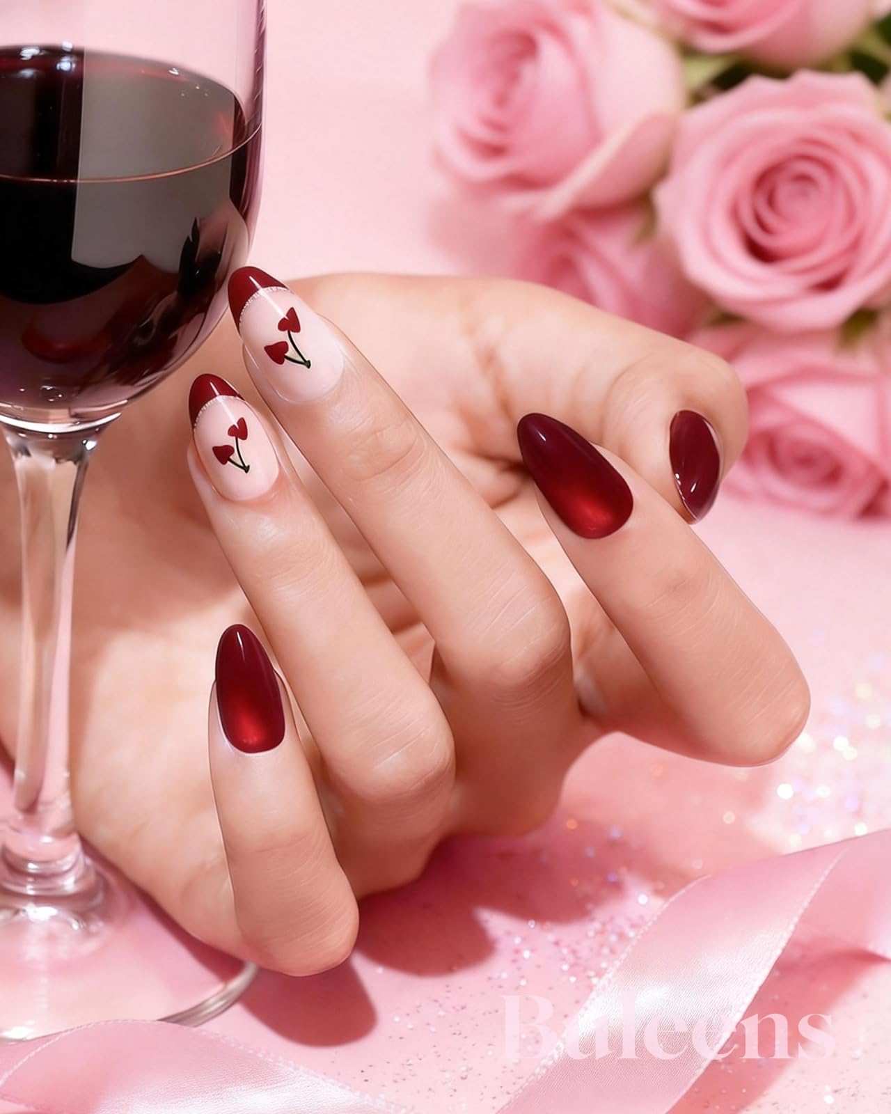 Buleens Valentine’s French Tip Short Almond Press on Nails for Date-Red Cherry Cat Eye Handmade Fake Nail for Women, Stylish outfits Gifts for Girls,15 Sizes, 30 Kits with Glue
