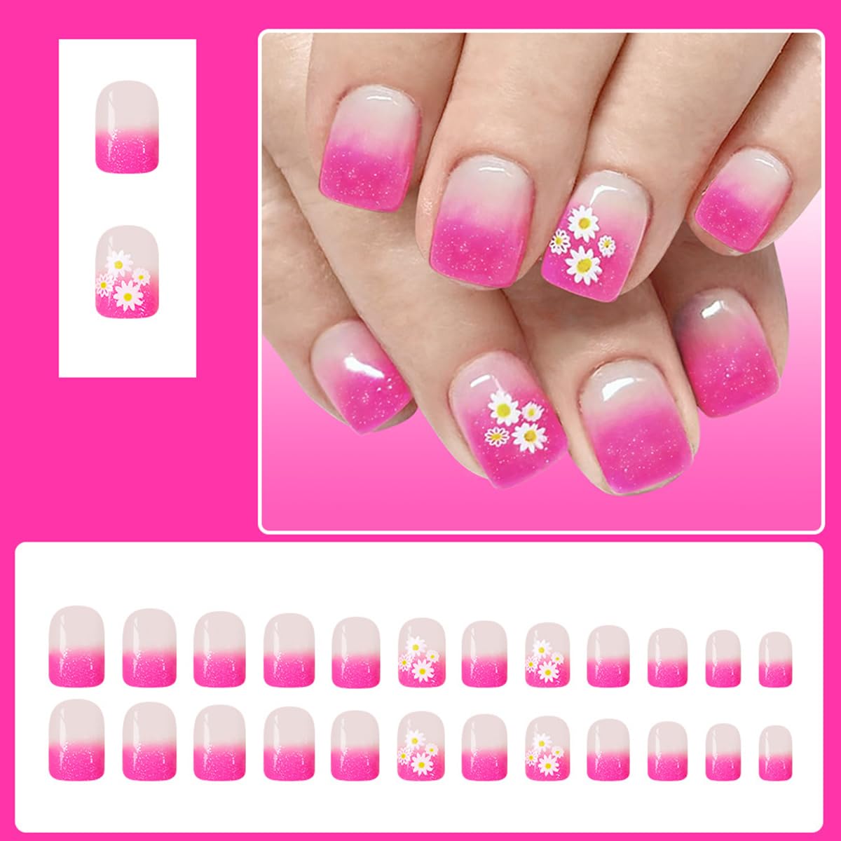 24Pcs Pink Ombre Press on Nails Short Square Spring Flower Fake Nails with Small Daisies Designs Nude Nails Press ons Glossy Full Cover Glue on Nails Reusable Stick on Nails for Women Manicure