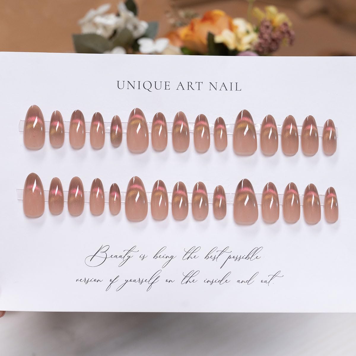 XZMeiLun Cat Eye Nude Smile Press On Nails Medium Almond, Designer Reusable Acrylic Fake Nails with Glue, Glossy Soft Gel Nails Wedding and Party, Stick On Glue On Nails, Nails Press Ons for Women