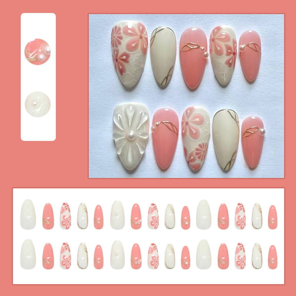 24 Pcs Summer Press on Nails Short Almond,MINGCHUN White Pink Fake Nails Press ons Acrylic Nail Art Tips Kit Full Cover False Nails Glue on Nails with Flowers Gilded Design for Women Nail Supplies