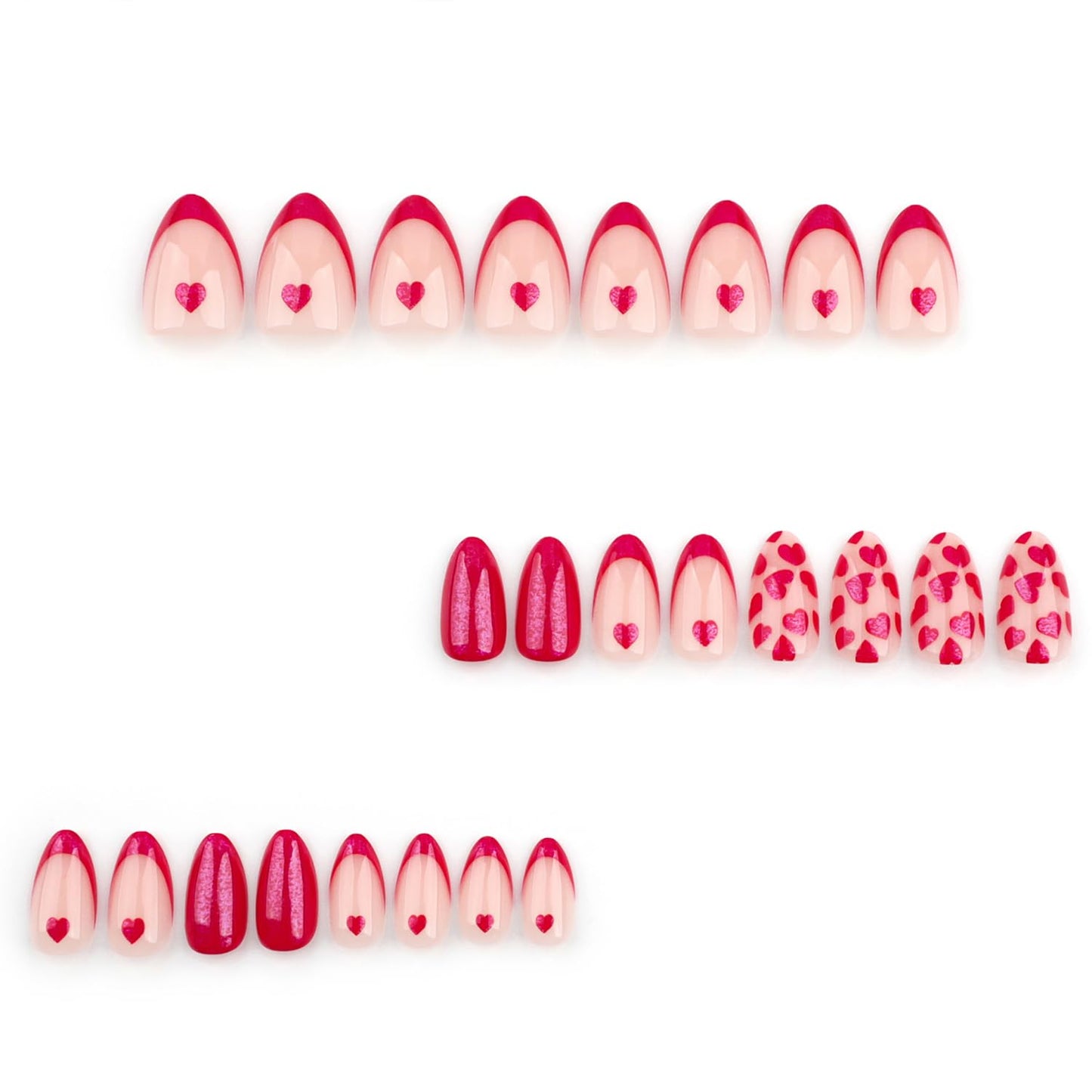 24 Pcs Valentine's Press on Nails Short Almond Set, Red French Tip Fake Nails with Glitter Love Design Glossy Rose Red Stick on Nails Heart-shaped False Nails for Women DIY Manicure Decoration