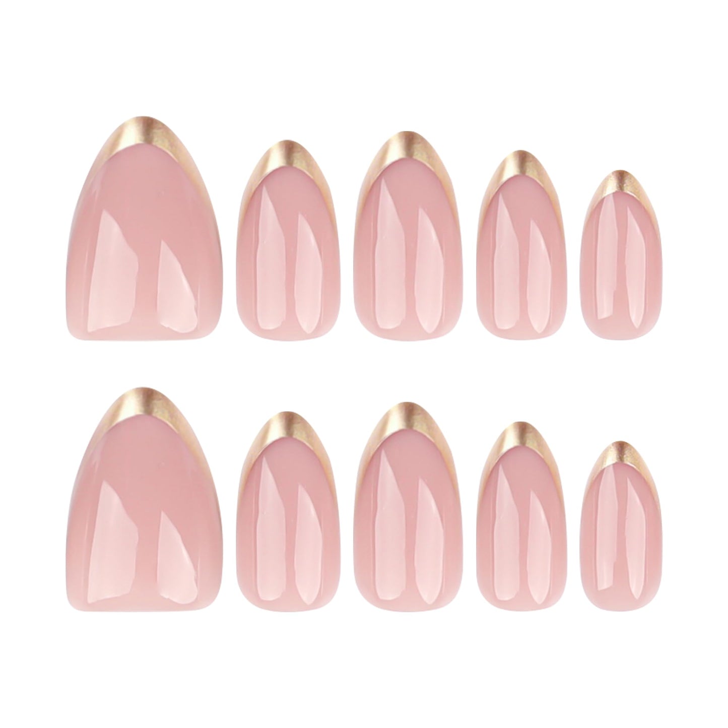 Stbisen Almond Press On Nails Short, Pink Fake Nails with Elegantly Crafted Gold French Tips, Glossy Gel Finish, Thick Natural Reusable Glue On Nails Kit for Women 24Pcs, Golden French Chic