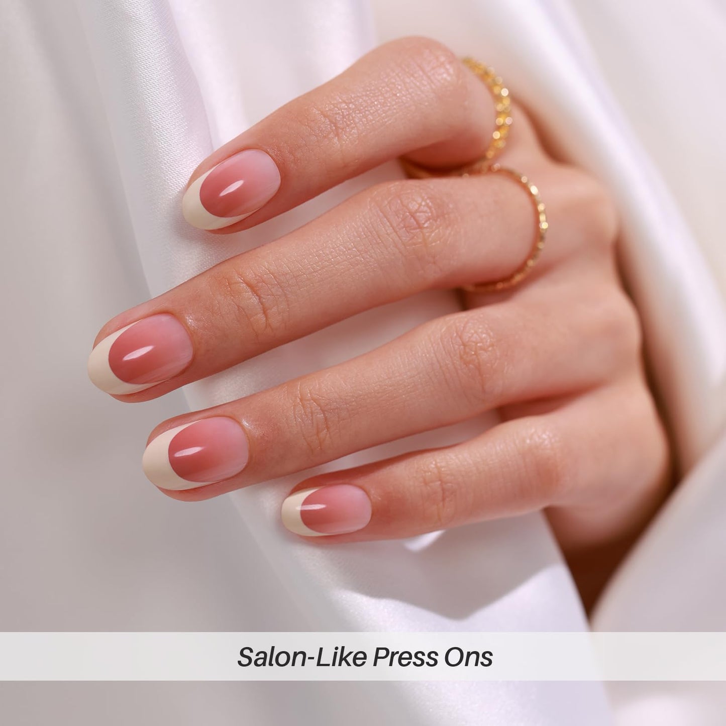 Oval Press on Nails Short - SHANGMENG Off White French Tip Nails in a Pink Ombre Finish for Women Gift, Glue on Nails in 16 Sizes - 32 Reusable Soft Gel Fake Nails Kit with Glue, Ombre French