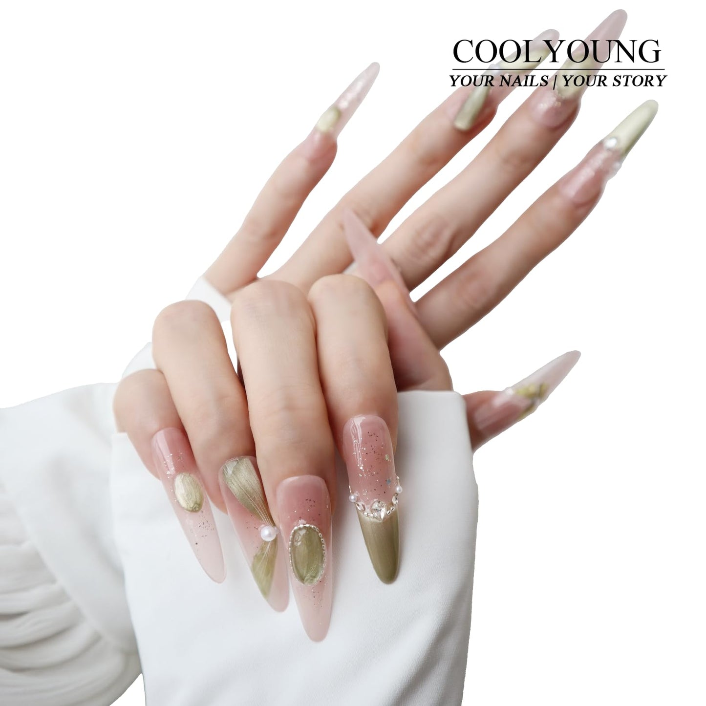 Handmade Press On Nails Long Green Fake Press On Nails Acrylic Natural Nails Women Gift Ideas French Tip Nails With Pearl Designs COOLYOUNG 15 PCS, Size L