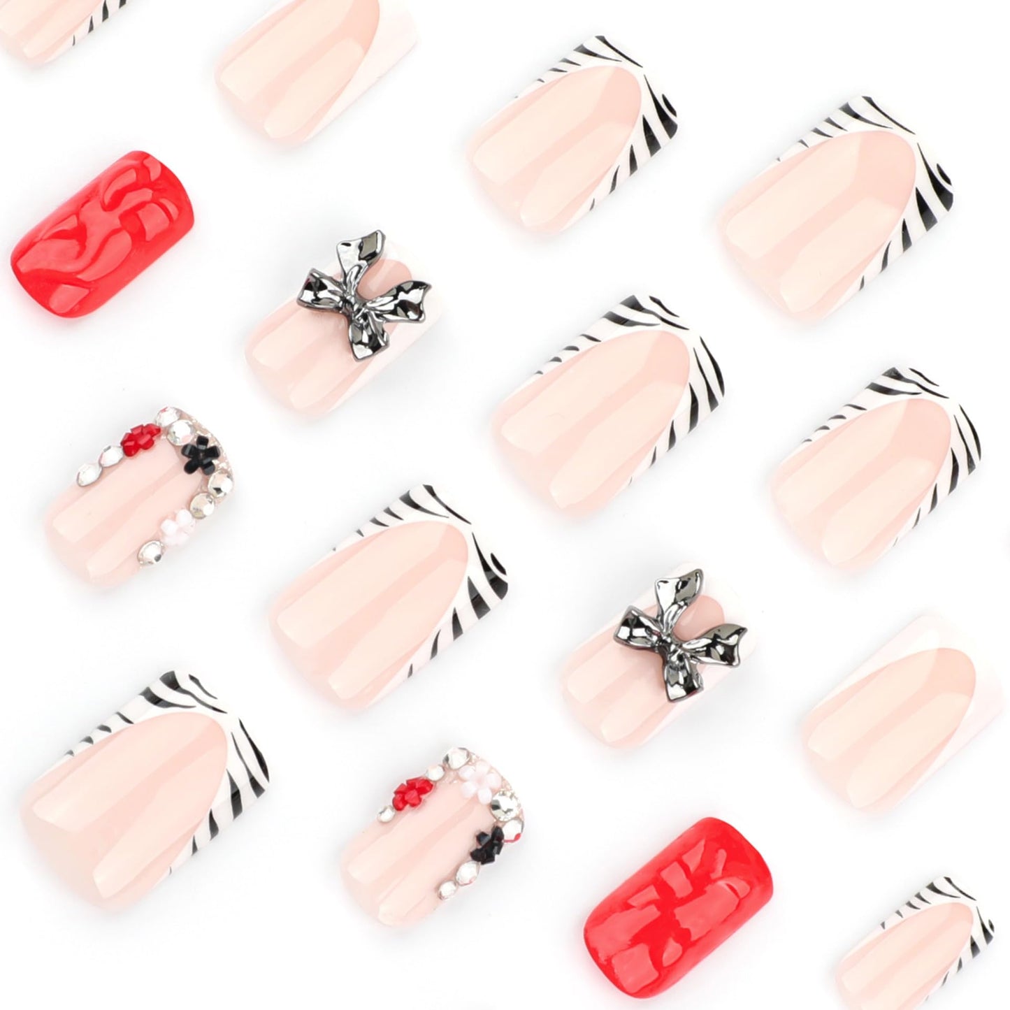 CTTHNBD Short Press on Nails - Square Fake Nails with Silver Bow Charms Design - Zebra Stripes, French Tip False Nials - for Women 24 Pcs