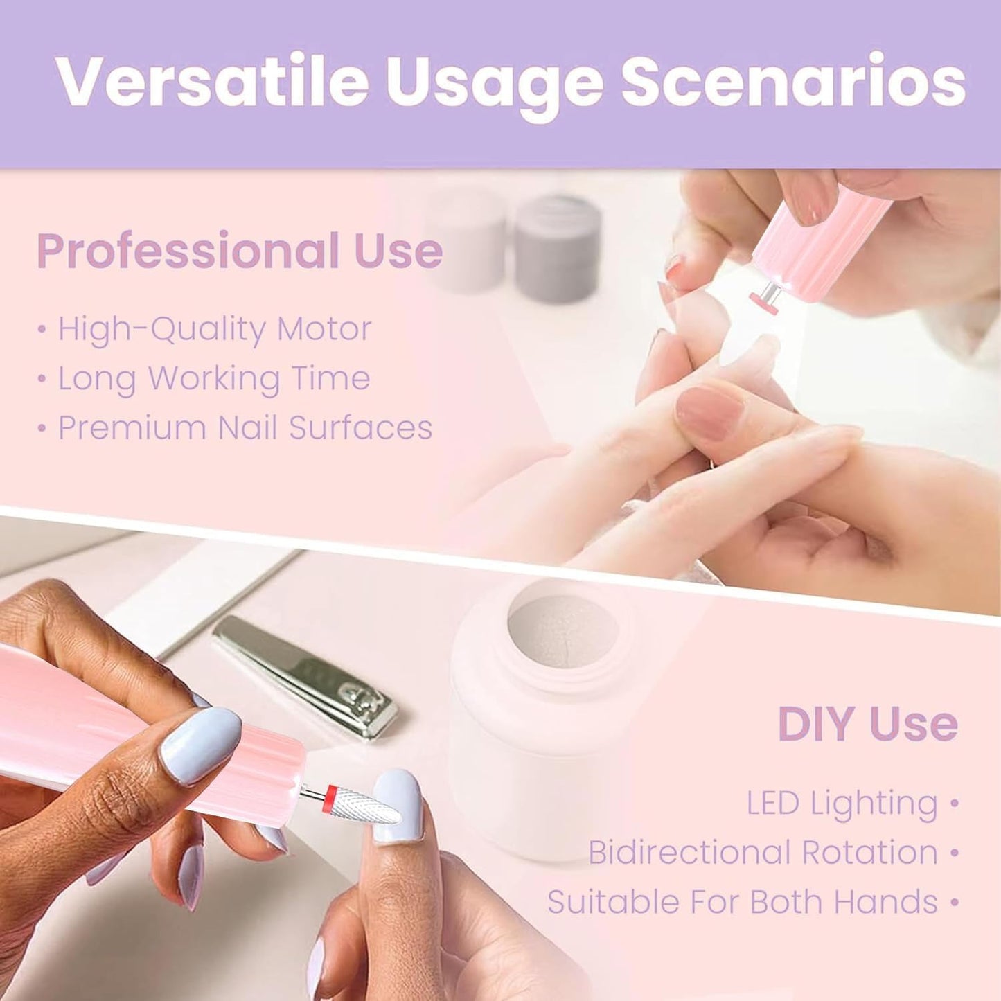 XunmotorYao Professional Electric Nail Drill File, Cordless Nail Drill Machine kit for Acrylic Gel Dip, 12 in 1 Nail Machine Kit Portable Rechargeable Manicure Pedicure Tools for Home Salon(Pink)