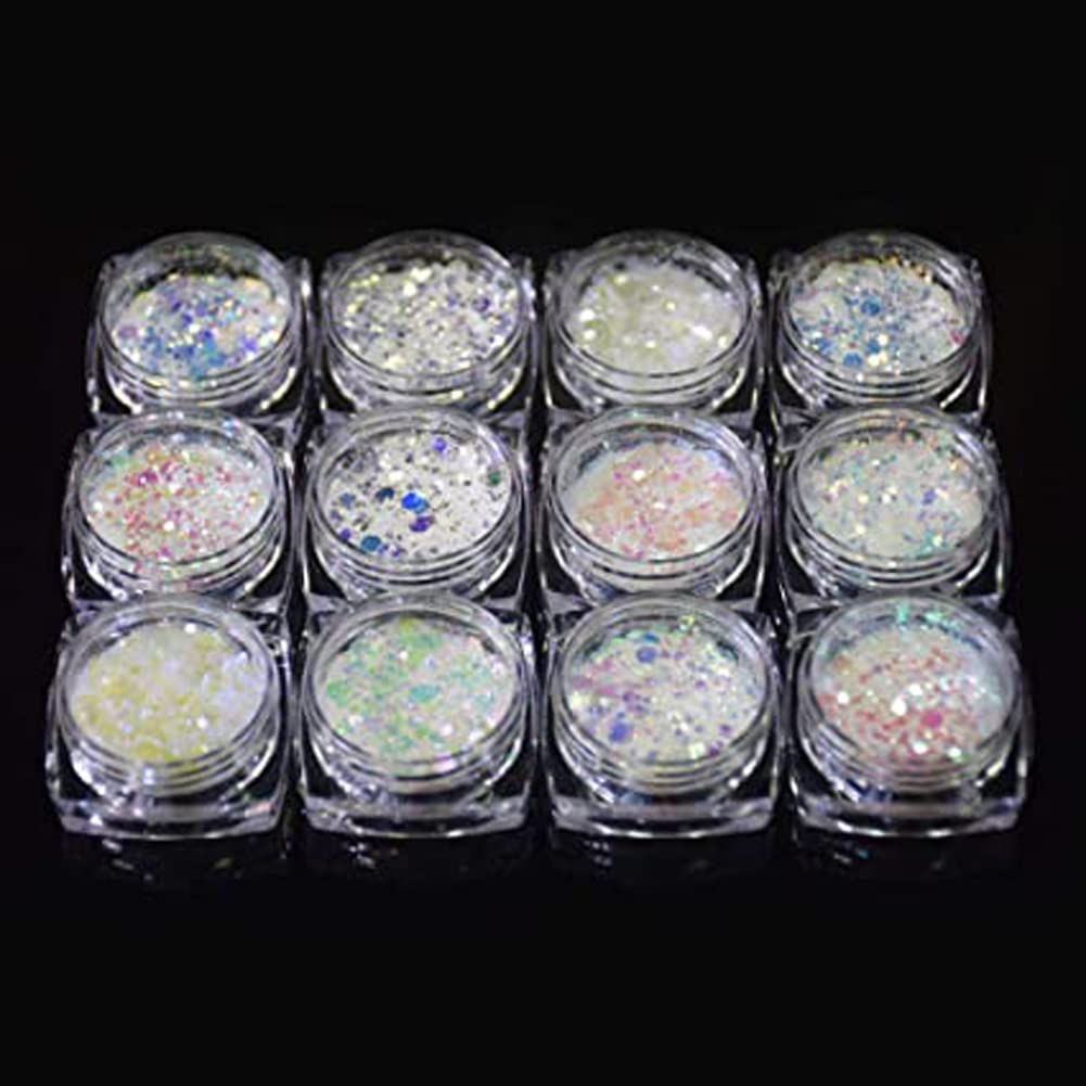 Mesiyun Nail Art DIY Sequins White Holographic Glitters Chunky Iridescent Flakes 3D Sticker for Face Eyes Body Hair Makeup Decoration 12Pots