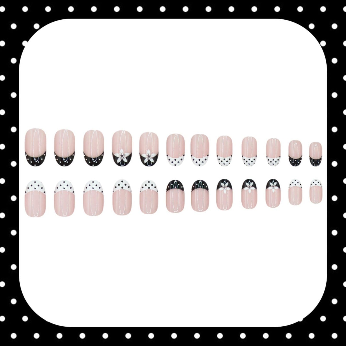 French Tip Press on Nails Short Almond Fake Nails with Flower Designs Spring Floral Full Cover Glue on Nails Polka Dot Flowers False Nails Black White Glossy Acrylic Stick on Nails for Women Manicure