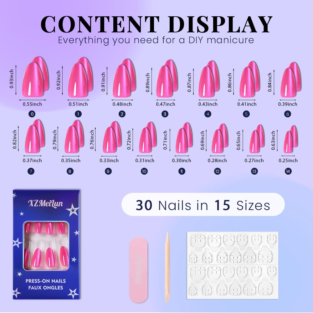 XZMeiLun Cat Eye Hot Pink Press On Nails Almond Medium, Magnetic Acrylic Fake Nails Stylish Design, Salon-Quality Shiny Finish, Reusable Stick On Nails Kit for Women, Daily Wear (No Glue Included)