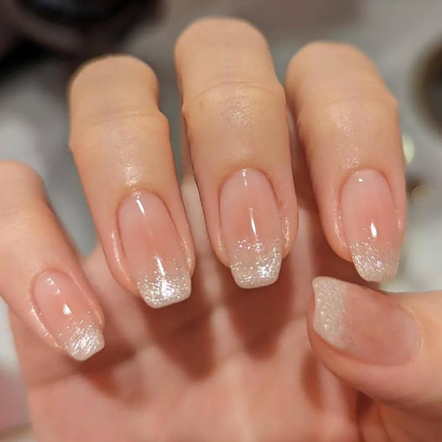 Medium Square Press on Nails with Cat Eye French Tip Fake Nails Nude Pink Coffin Press ons Acrylic False Nails Glossy Artificial Full Cover Stick on Nails for Women Girls 24 Pcs