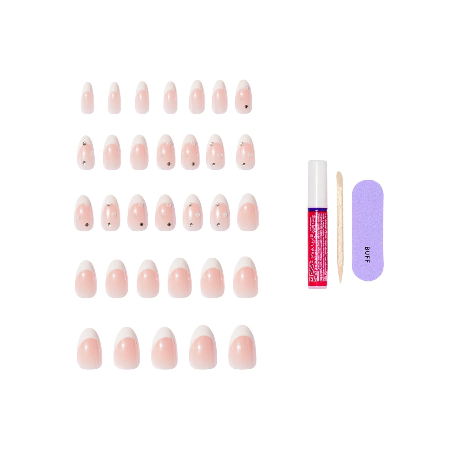 Kiss Glam, Press On Nails, Nail glue included, 'Serendipity Awaits', White, Medium Size, Almond Shape, Includes 32 Nails, 2g Glue, 1 Manicure Stick, 1 Mini File
