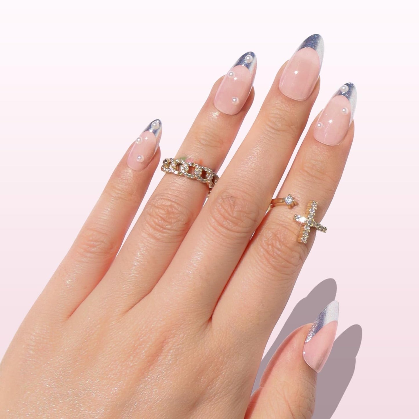 Nail Reformation Press On Nails, Beaded Clutch | Sheer Nude Medium Almond Fake Nails with Metallic Silver French Tip & Pearl, Reusable Stick On Nails in 15 Sizes - 30 False Nail Kit, Gifts for Women