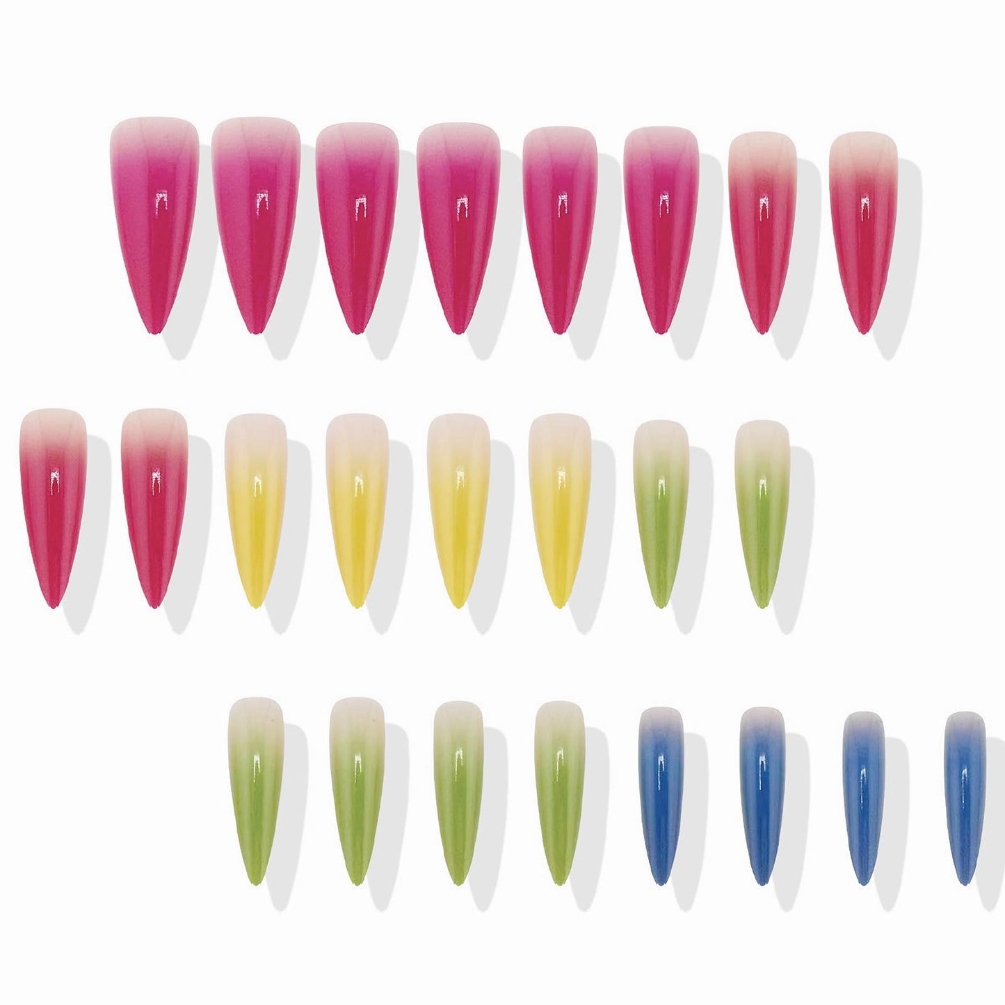 MISUD Press on Nails - Long Stiletto Glue on Nails with Summer Colorful, Acrylic Rainbow Design 24 pcs