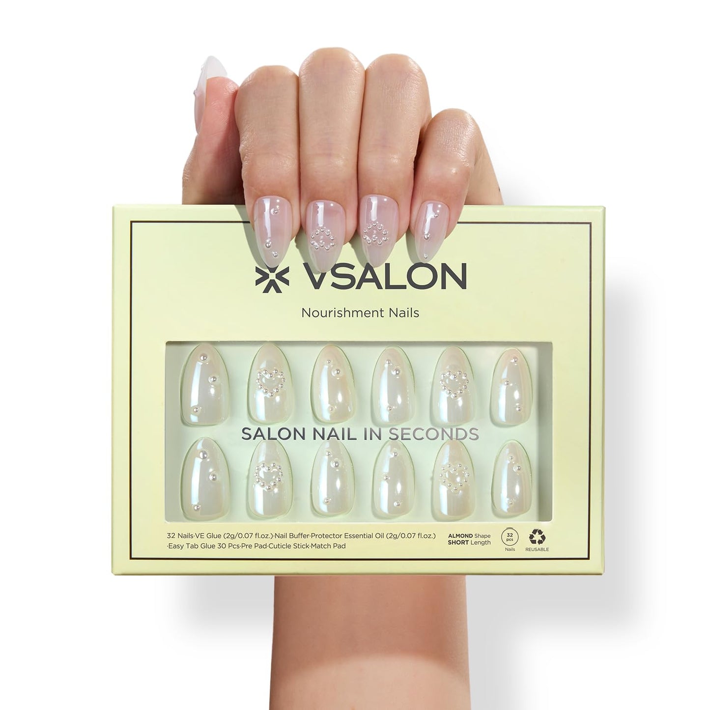 VSALON Short Almond Press on Nails - White Chrome Glazed 3D Pearl Design Fake Nails, Spring Summer Reusable Gel Salon Quality Glue on Nails & Cuticle Oil - 32 PCS Stick on Nails in 16 Sizes