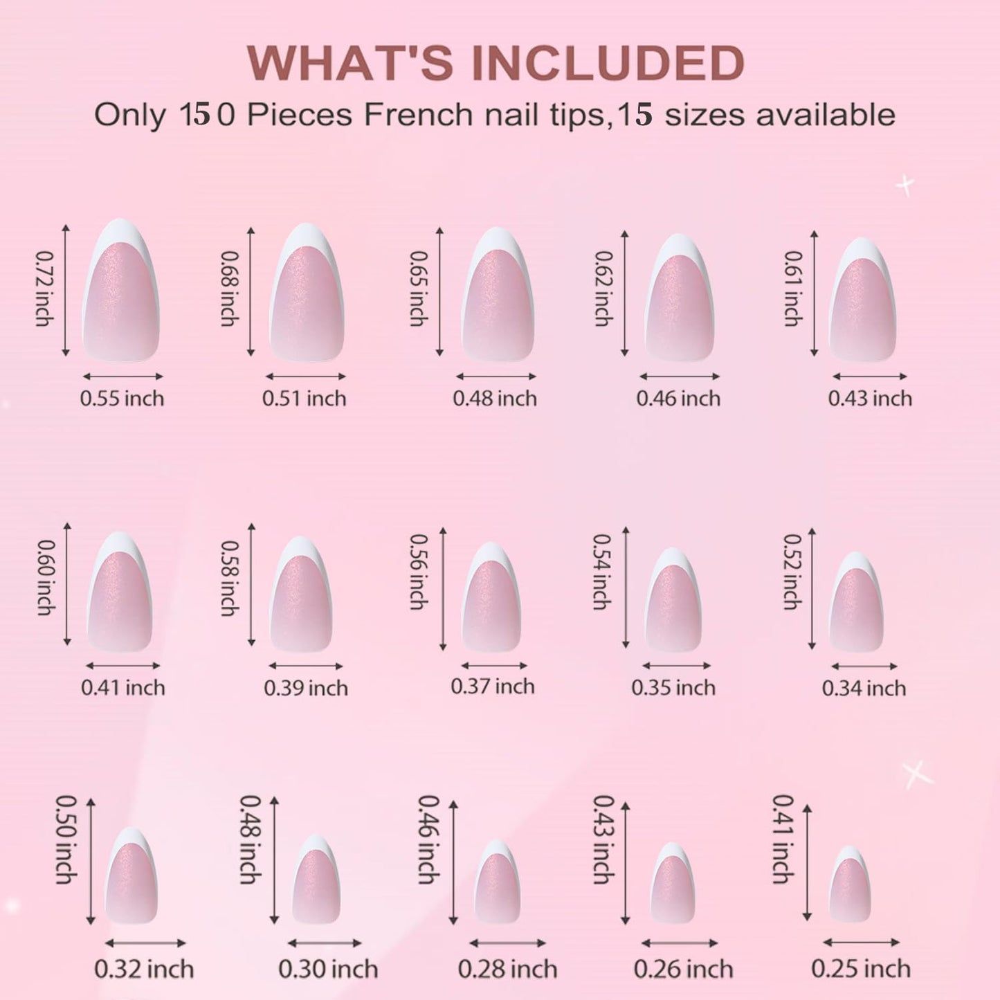 Dsixnails Short Pink Glitter Base Soft Gel Nail Tips, 150Pcs Almond French Tip Press On Nails, Pre-Lasting Acrylic Fake Nails, Soak Off Full Cover Nails Extension for Women Girl 15Sizes