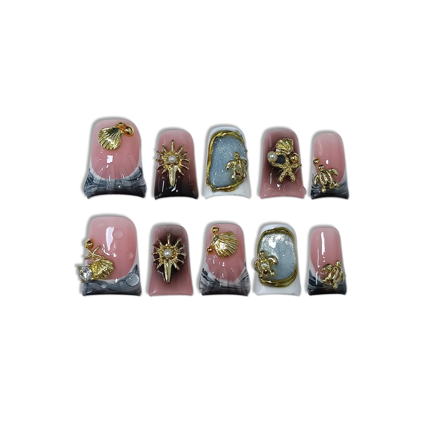 TENPAL Duckbill Press on Nails - Black Gray Cat Eye Ocean Metal Design Glue on Nails for Women| 10PCS Glitter False Nail with 3D Charms Designs | Gothic Y2K Style for Daily Party Wear,Duck Nails(M)