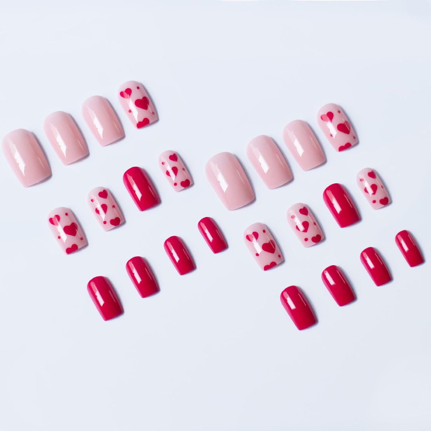 FIEONCIY Press on Nails Short Square Shaped Glossy Full Cover Acrylic Extra Short Square False Nails with Love Heart Designs Artificial Fake Nails Glue Stick ons Fingernails for Women Girls(X0079)
