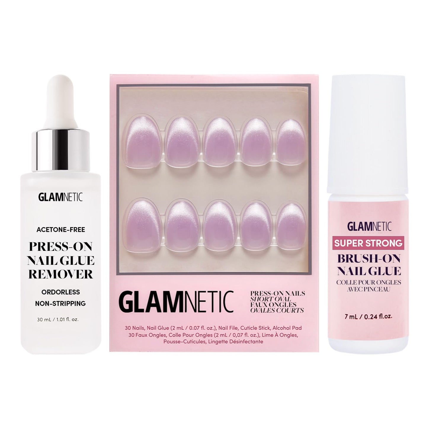 Glamnetic Press-On Nails - Fairy Dust | Super Strong Brush On Nail Glue & Press-On Nail Remover | Short Oval Beige-Pink Nails with a Velvet Metallic Finish | 15 Sizes - 30 Nail Kit with Glue and Remo
