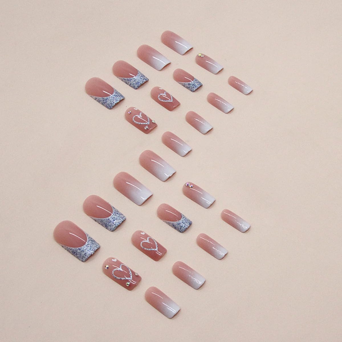 Square Press on Nails Long Pink Ombre Glue on Nail Glitter French Tip Fake Nails with Heart Rhinestone Design Cute Nails Press ons Full Cover Stick on Nail for Women Girls Manicure 24Pcs