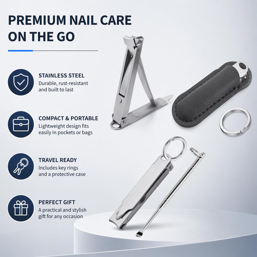 SG NEKOO Portable Ultra Thin Nail Clippers for Fingernail and Toenails, Stainless Steel Foldable Keychain Nail Cutter with Ear Pick and Case, Slim Travel Design for Men Women Adult