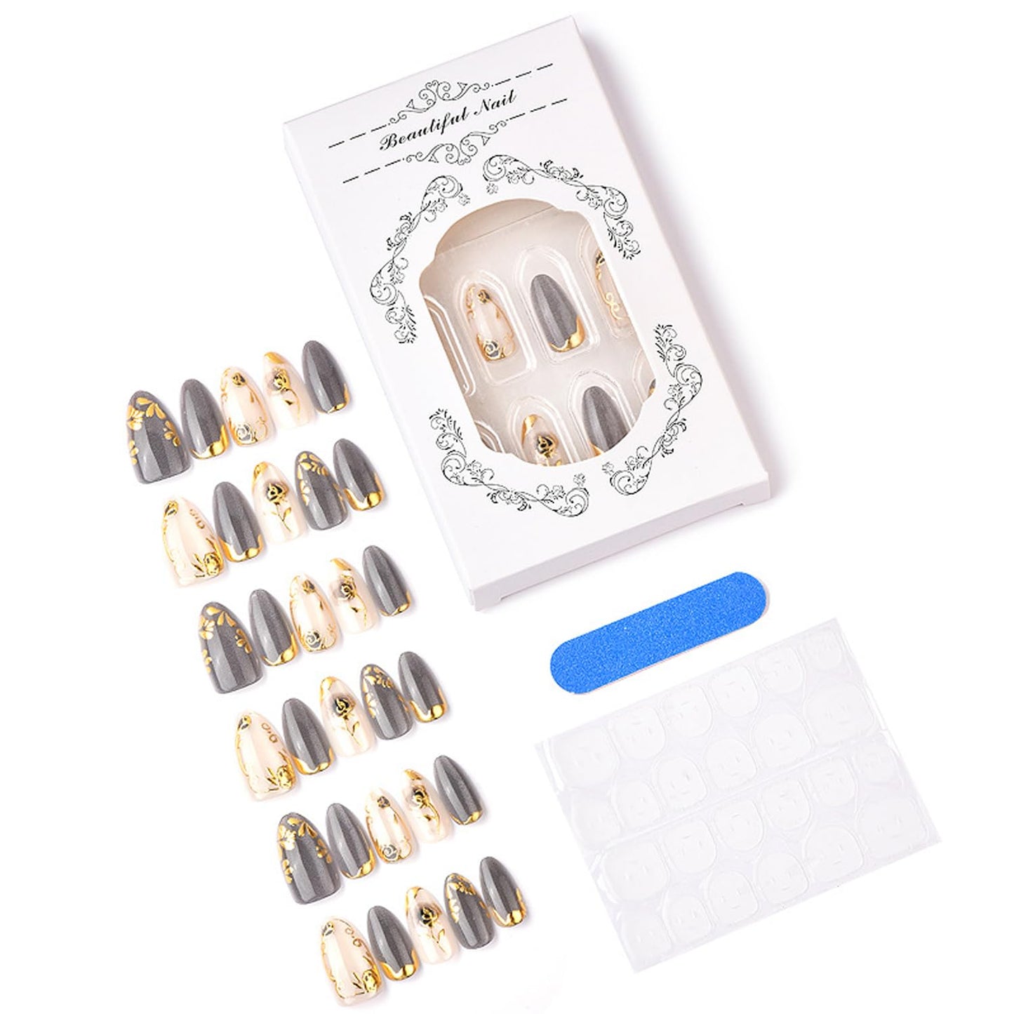 24Pcs Rose Press on Nails Medium Almond Fake Nails with Painted Flowers Boutique Nail Art Flower Rose Full Cover Acrylic Nails Black Gradient Floral False Nail Reusable Gold Stick on Nail for Women