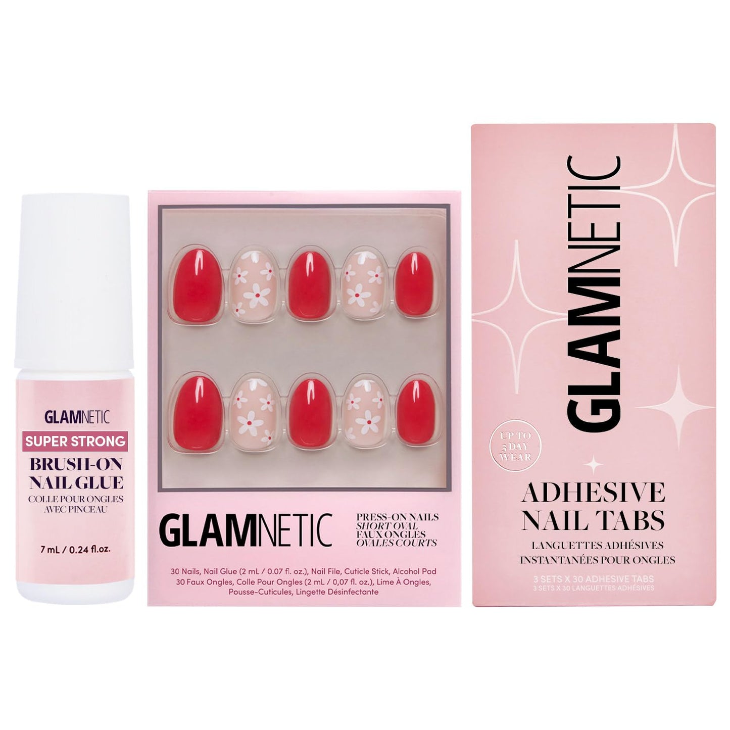 Glamnetic Press-On Nails - Red Blossom | Super Strong Brush On Nail Glue & Nail Adhesive Tabs | Short Oval Fake Nails with Floral Accents | 15 Sizes - 30 Nail Kit with Glue & Nail Tabs