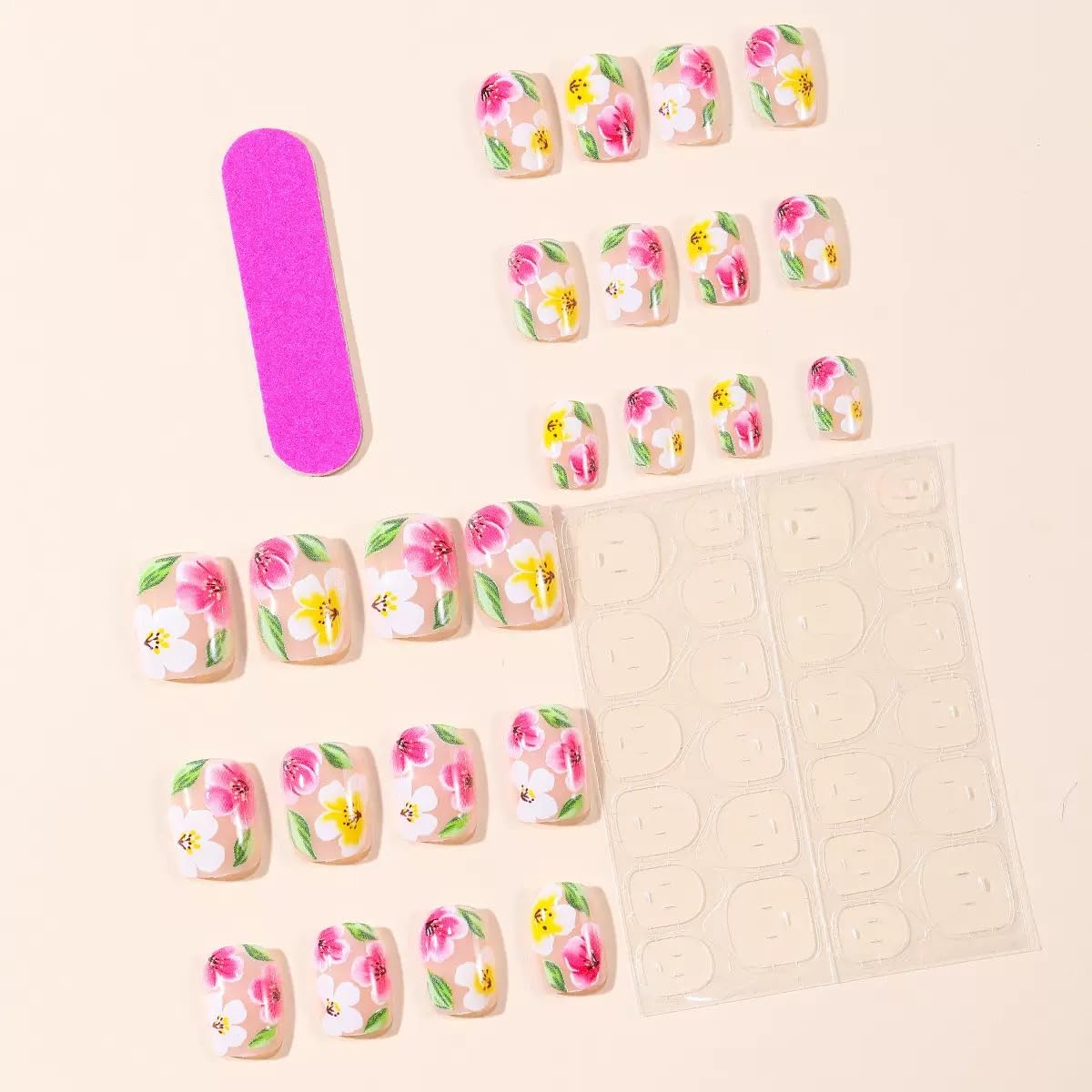 CTTHNBD Press on Nails Short - Square Fake Nails with Colorful Flower Design - Spring, Green Leaf False Nails for Women 24 Pcs