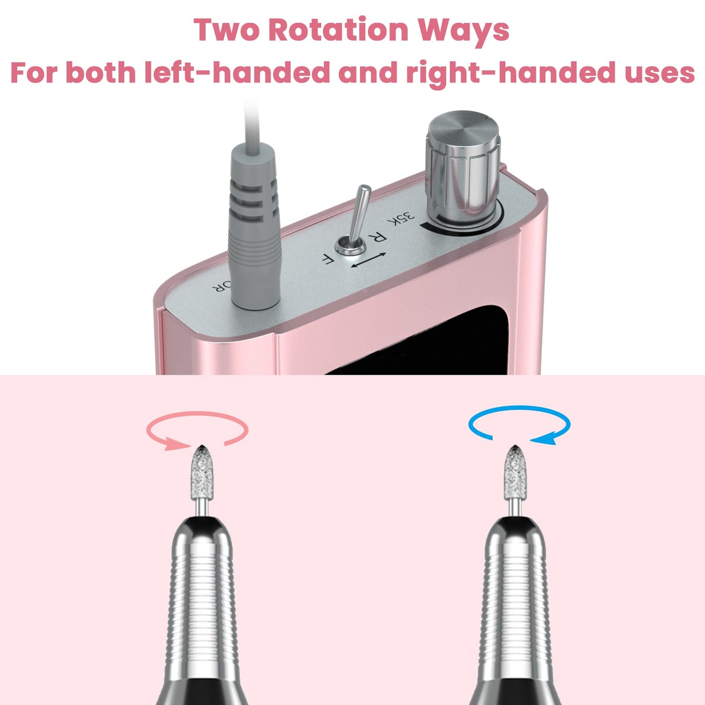 Delanie Professional Nail Drill High Torque 35000 RPM Rechargeable Portable Electric Nail File Filer for Acrylic Gel with Cuticle Bits, Salon Manicure Tool, Rose Gold