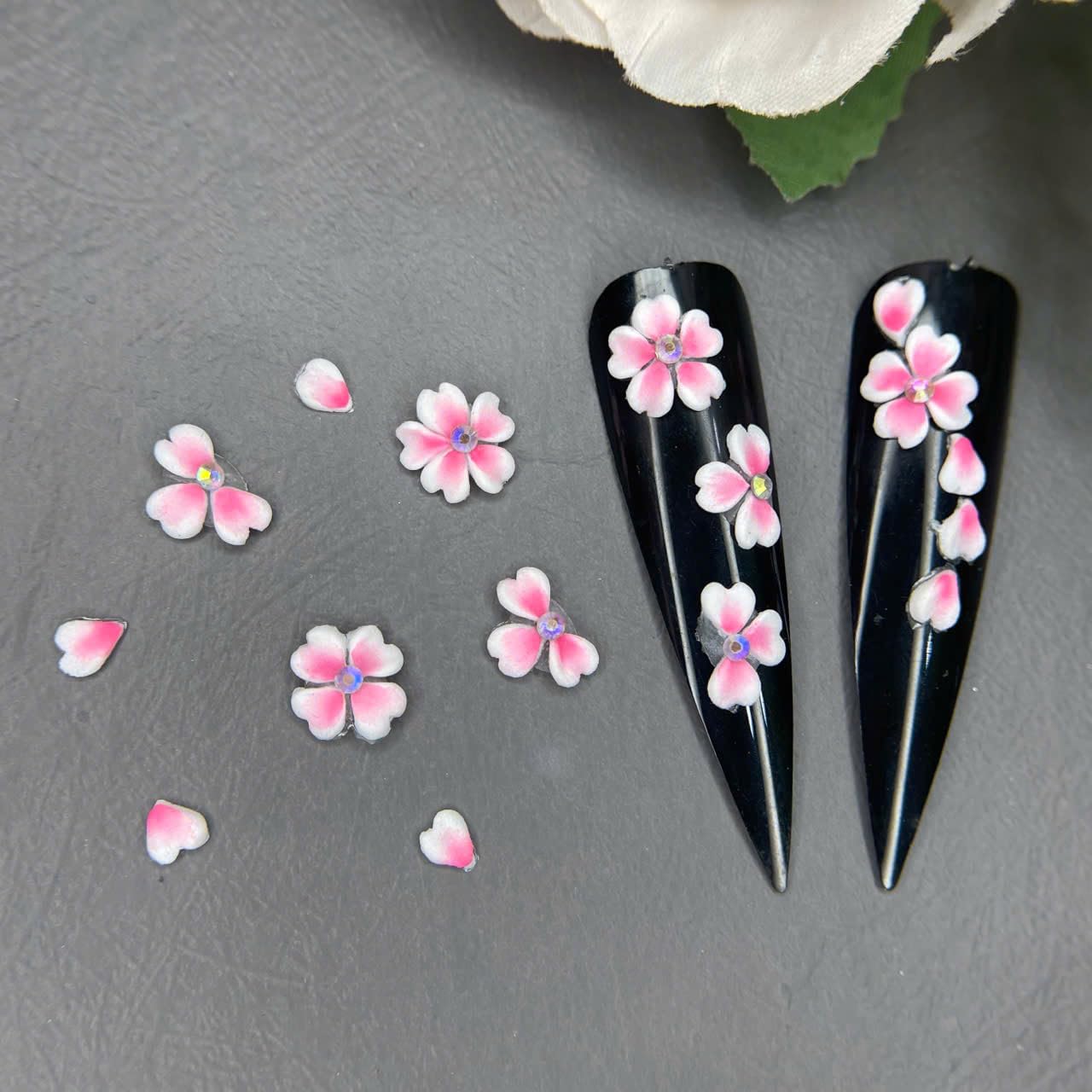 Set White Pink 3D Flowers for Nails, Handmade 3D Acrylic Flowers for Valentine Nails, Wedding Flower Nail Charms Rhinestones Gems by Acrylic Powder Design Deco Nail Art Women Girls (Pink Heart)