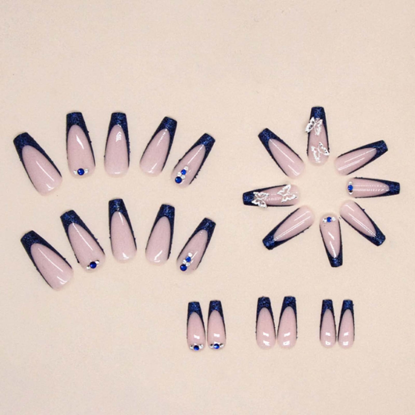 YoYoee Long Coffin False Nails Blue Butterfly Press on Nails French Fake Nails Acrylic Ballerina Nails Tips for Women and Girls 24PCS