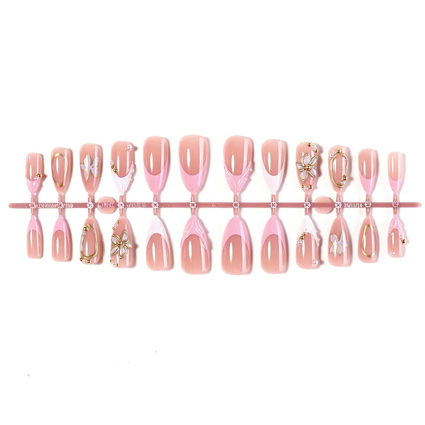 24Pcs Flower Press on Nails French Tip Medium Almond Fake Nails with 3D Pearl Design Chrome Gold False Nails Gilded Line Flowers Acrylic Nails Nude Glossy Full Cover Cute Floral Glue on Nail for Women
