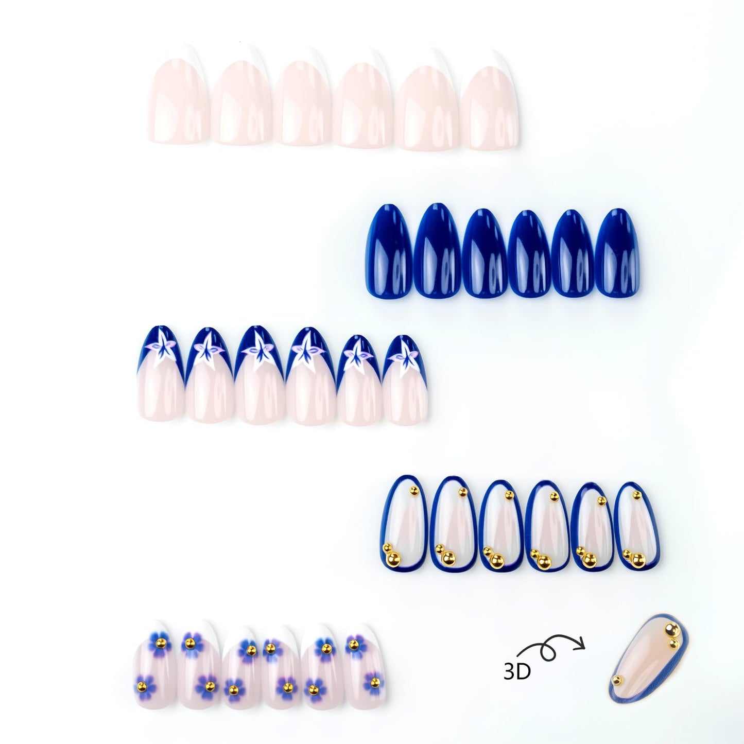 30Pcs Blue Flower Press on Nails - Short Almond French Tip Fake Nails with 3D Gold Beads Design Flowers False Nails Nude Glossy Full Cover Spring Summer Floral Gel Artificial Stick on Nails for Women